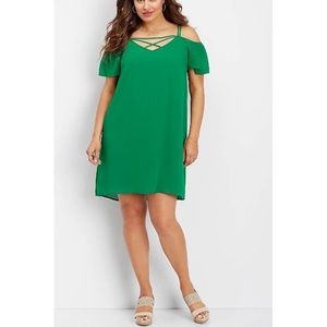 Maurices Green Ruffled Cold Shoulder Strappy V-neckline Shift Dress. Size XS